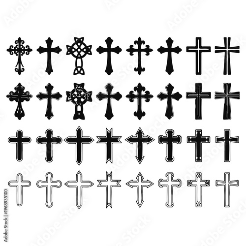 Set of Christian Cross Icons Collection Black Decorative Religious Vector Symbol