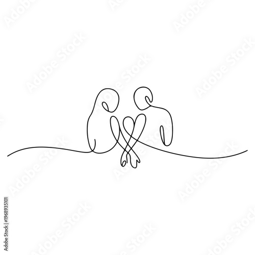 Two People Sitting with Heart Shape Continuous One Line Drawing Love Vector