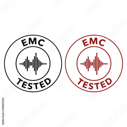 EMC Tested Compliance Icon Set, Electromagnetic Compatibility Certification Symbols in Black and Red