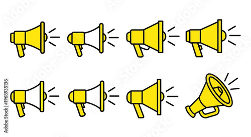 Collection of yellow megaphone icons representing broadcasting, announcements, and communication for marketing and alerts