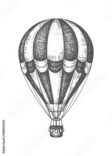 Vintage hot air balloon with striped pattern and wicker basket