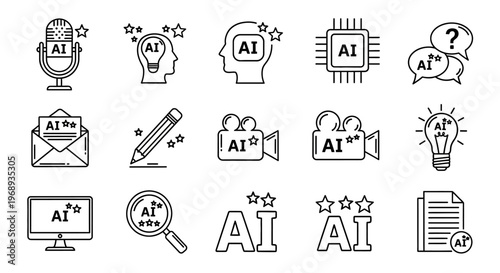Diverse set of artificial intelligence line icons, representing various AI concepts, applications, innovation, communication, and technological processes in modern digital design