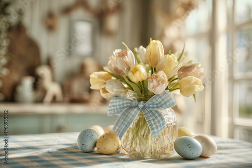 Rustic spring table with jar of tulips and Easter eggs