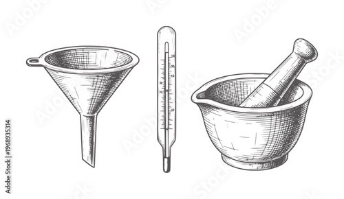Vintage laboratory equipment funnel thermometer mortar pestle