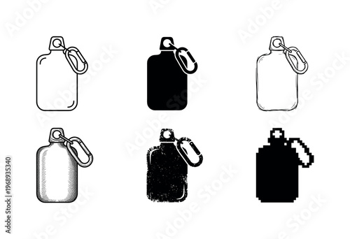 water flask with carabiner, arranged as a clean  Variant 1: clean thin outline, no fill, rounded joins,