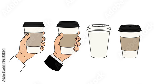 Illustrated collection showcasing various disposable paper coffee cups, with and without hands holding them, symbolizing the widespread grab-and-go beverage culture and modern daily convenience