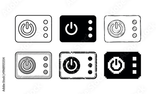power bank buttons and lights, arranged as a clean  Variant 1: clean thin outline, no fill, rounded joins,