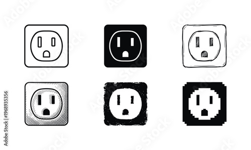 power strip sockets, arranged as a clean  Variant 1: clean thin outline, no fill, rounded joins, even