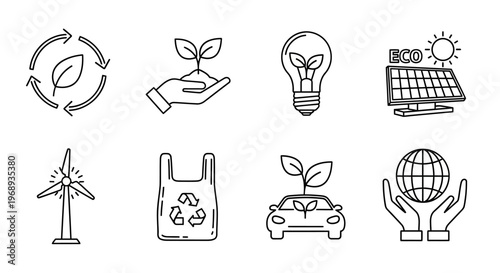 Eco-friendly and sustainable living line icons illustrating environmental protection, recycling, green energy, clean transportation, and nature conservation concepts