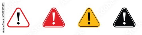 Warning danger icon set. Caution alarm alert symbols with triangle warning sign. Attention vector icon in red yellow black color.