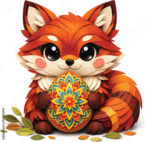 Kawaii Chibi Fox Paper Cut Art Holding Easter Egg – Layered Mandala Illustration, Cute Animal Papercraft Design