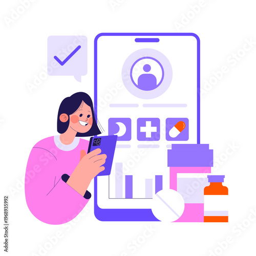 Woman Using Health App on Smartphone Vector Illustration