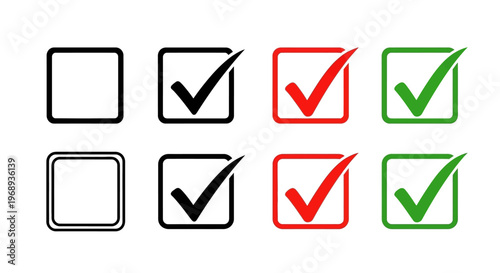 Set of checkmarks in squares empty, checked, red, and green variants, showing completion and choices