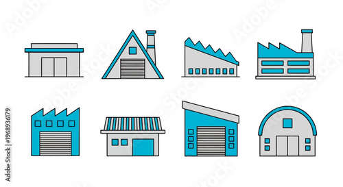 Set of diverse factory and warehouse building icons with flat design and blue accents