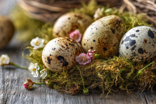 Quail egg nest with moss and blossoms on rustic wood
