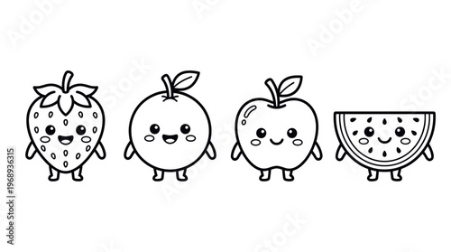 Cute fruit outline icon set in kawaii cartoon line art style