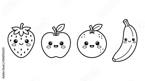 Cute fruit outline icon set in kawaii cartoon line art style
