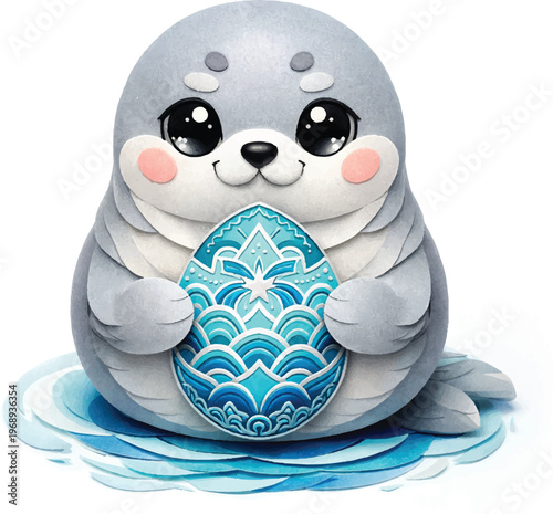 Kawaii Chibi Seal Paper Cut Illustration Holding Ocean Mandala Egg – Cute Marine Animal Layered Papercraft