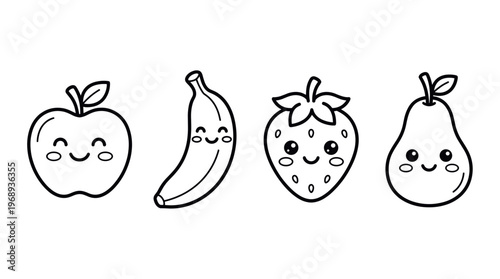 Cute fruit outline icon set in kawaii cartoon line art style