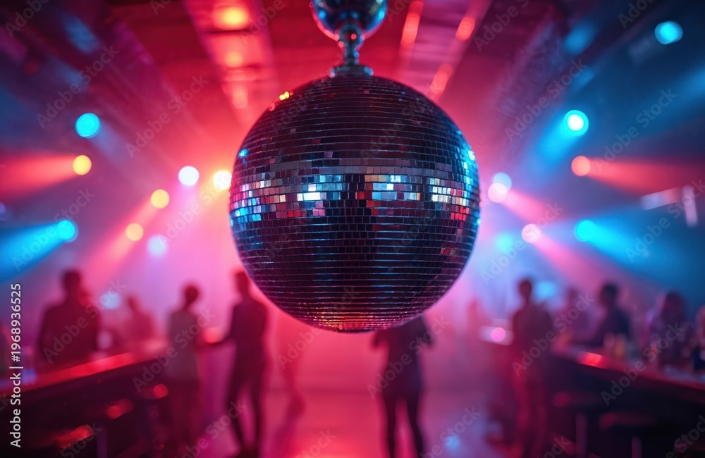 Obraz premium Disco ball hangs over dance floor at nightclub with neon lights and people dancing. Retro party atmosphere, vibrant music event for adults at bar.