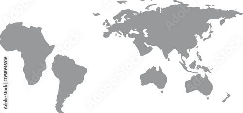 A simple, abstract world map is presented as a solid gray silhouette against a clean white background, highlighting continents like Africa, Europe, and Asia in a minimalist and iconic design.