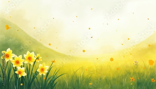 Yellow daffodils bloom in green grass field under soft light. Gentle hills form background with falling petals. Peaceful spring meadow art illustration.