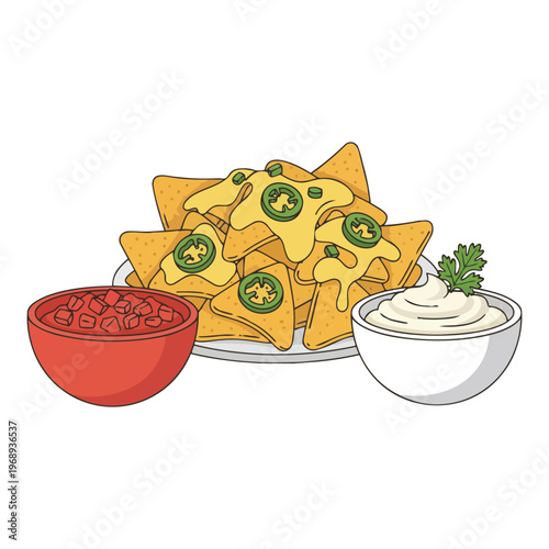 colorful nachos with salsa and sour cream flat design vector illustration