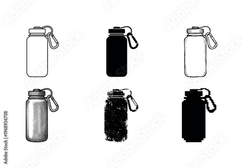 lightweight outdoor water bottle with carabiner, arranged as a clean  Variant 1: clean thin outline, no