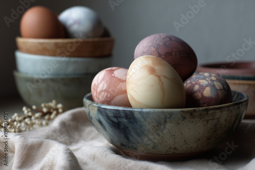 Naturally dyed Easter eggs in bowls rustic kitchen still life