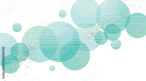 A dynamic abstract background features an overlapping composition of various sized light blue and teal translucent circles, creating a sense of movement and depth.