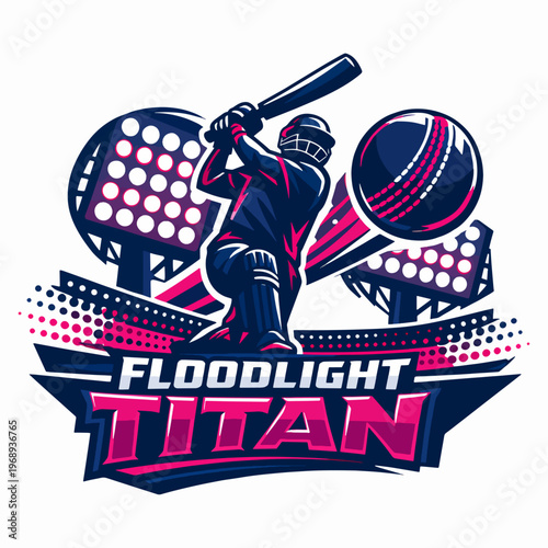 Powerful Floodlight Titan cricket logo featuring a dynamic batsman in action, perfect for professional sports teams, athletic branding, and competitive league identities