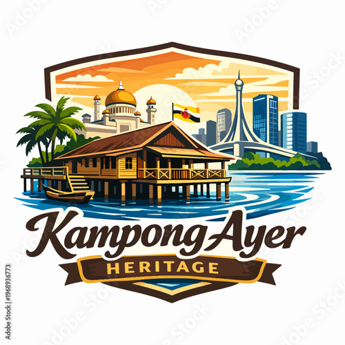 Vibrant Kampong Ayer illustration depicting a traditional water village with palm trees and stilt houses, celebrating Southeast Asian coastal life and travel