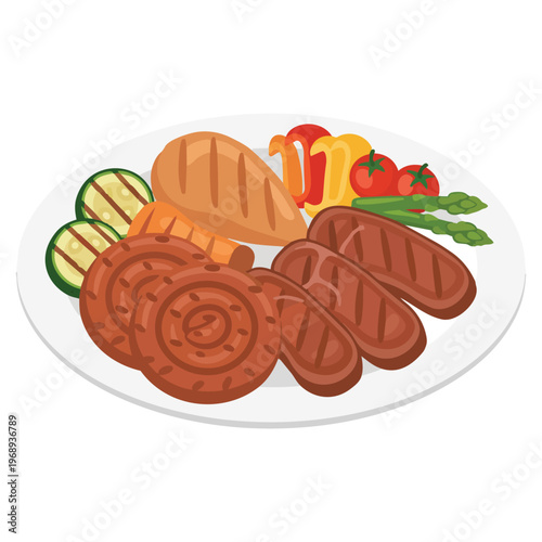 grilled sausages with fresh vegetables and bread vector illustration