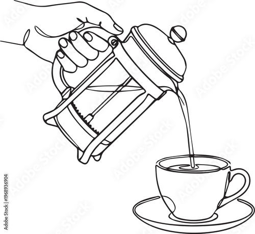A simple line art icon illustrating a hand gracefully pouring freshly brewed coffee from a classic French press into a ceramic cup resting on a saucer.