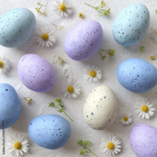 Painted Easter eggs on handmade paper with daisies flat lay