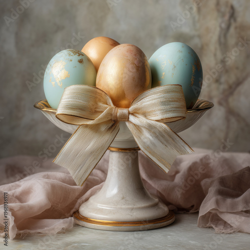Luxury Easter eggs with gold leaf on stone pedestal