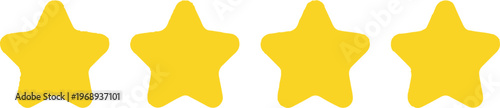 A clear and isolated graphic illustration showing four bright yellow five-pointed stars aligned horizontally on a clean white background, representing a high rating or excellent feedback.