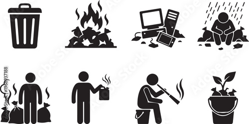 A comprehensive collection of black silhouette icons depicting various forms of waste, pollution, and harmful human activities, including trash, burning, e-waste, and drug use.