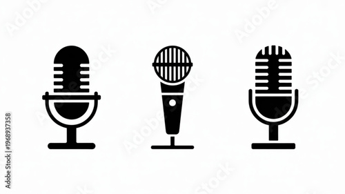 Three black and white microphone icons for recording podcasting and broadcasting on a plain background