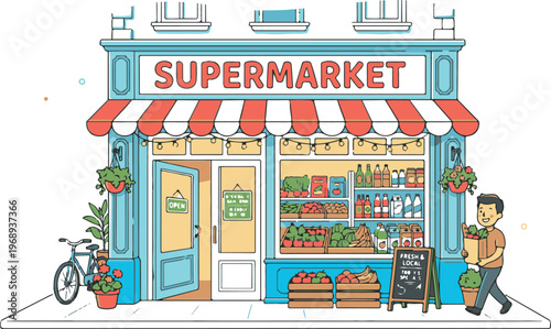 A charming cartoon illustration of a bustling supermarket exterior with a red and white striped awning, displaying fresh produce and a customer carrying groceries.