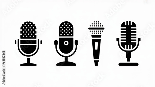 Four different types of microphones for recording and broadcasting on a white background
