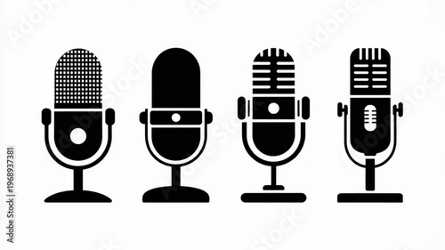 Four different types of microphones in black and white on a plain background for podcasting and broadcasting