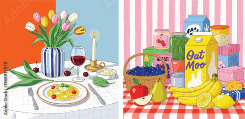 A delightful culinary still life featuring a table setting with tulips and wine, contrasted with a collection of fresh produce and packaged goods