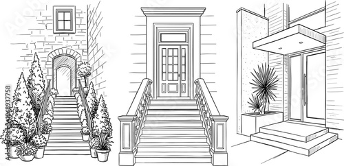 Diverse Architectural Stairways Front Entrances with Unique Designs and Plant Decorations