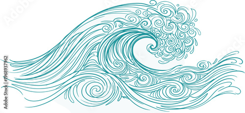 Graceful illustration of a powerful ocean wave, with elaborate swirling designs capturing the dynamic flow and natural elegance of water, conveying a fluid concept
