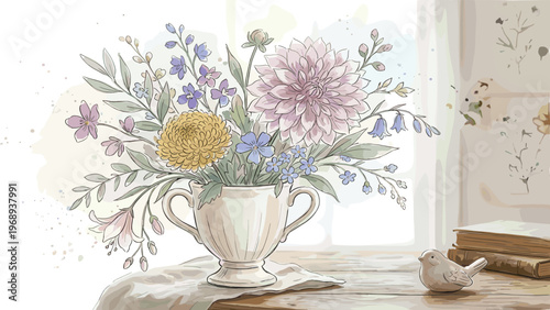 A beautiful watercolor painting of a floral arrangement in a vase on a wooden table with a book and a small bird figurine