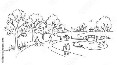 Peaceful park landscape in continuous one line drawing style