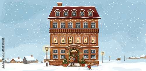Charming illustration of a festive advent calendar building adorned with holiday decorations amidst a gentle snowfall, evoking a cozy winter wonderland and anticipation of Christmas