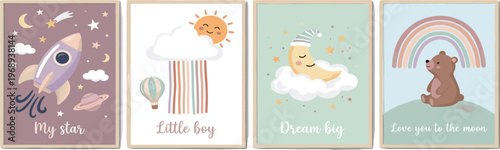 Whimsical children's nursery wall art collection featuring space rockets, crescent moons, sunny rainbows, and a cute bear, perfect for inspiring imagination and sweet dreams
