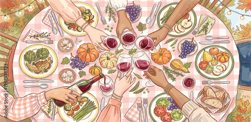 Friends and family gather for a cozy autumn harvest feast, sharing delicious food and clinking wine glasses in a warm celebration of togetherness